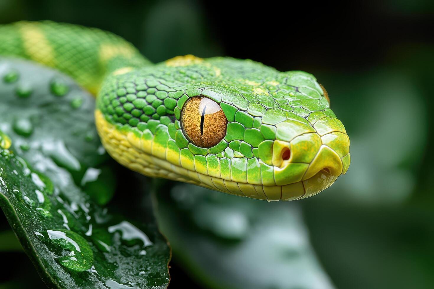 A green snake with yellow eyes is on a leaf photo