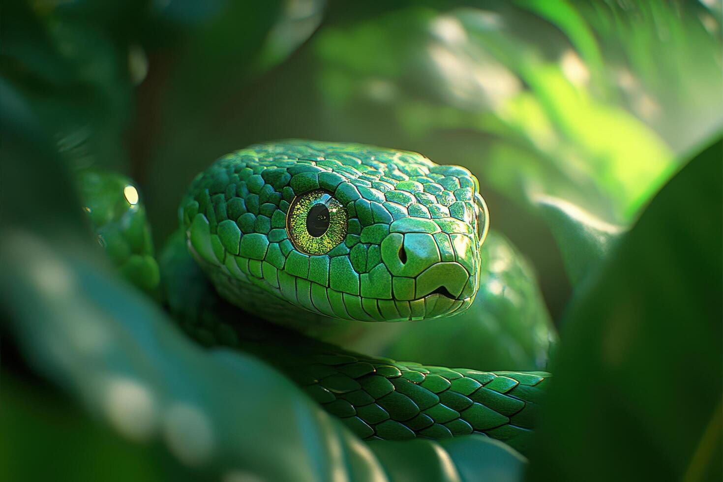 A green snake is hiding in the leaves photo