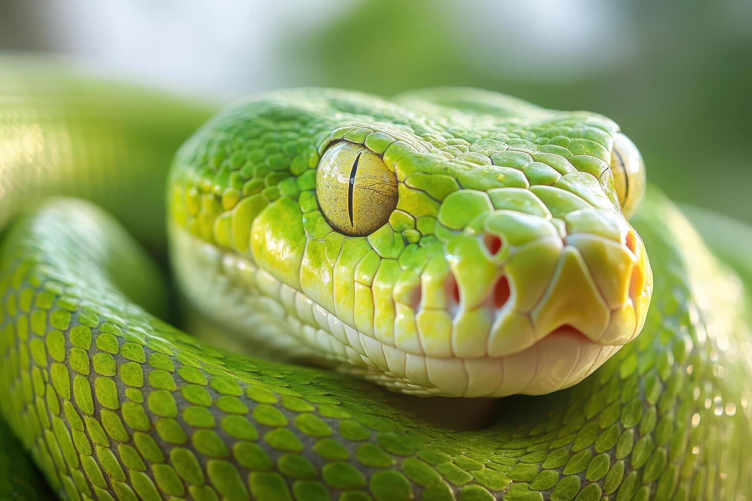 A close up of a green snake with its eyes open photo