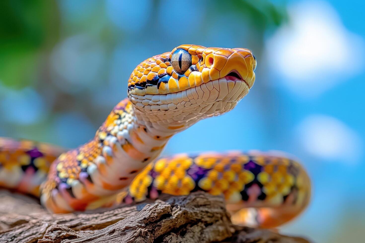 A close up of a colorful snake on a tree branch photo