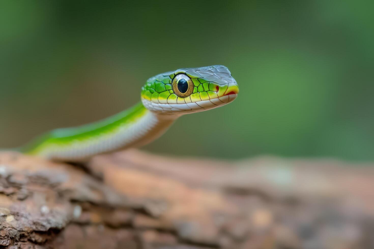 A green snake with a long tail on a tree branch photo