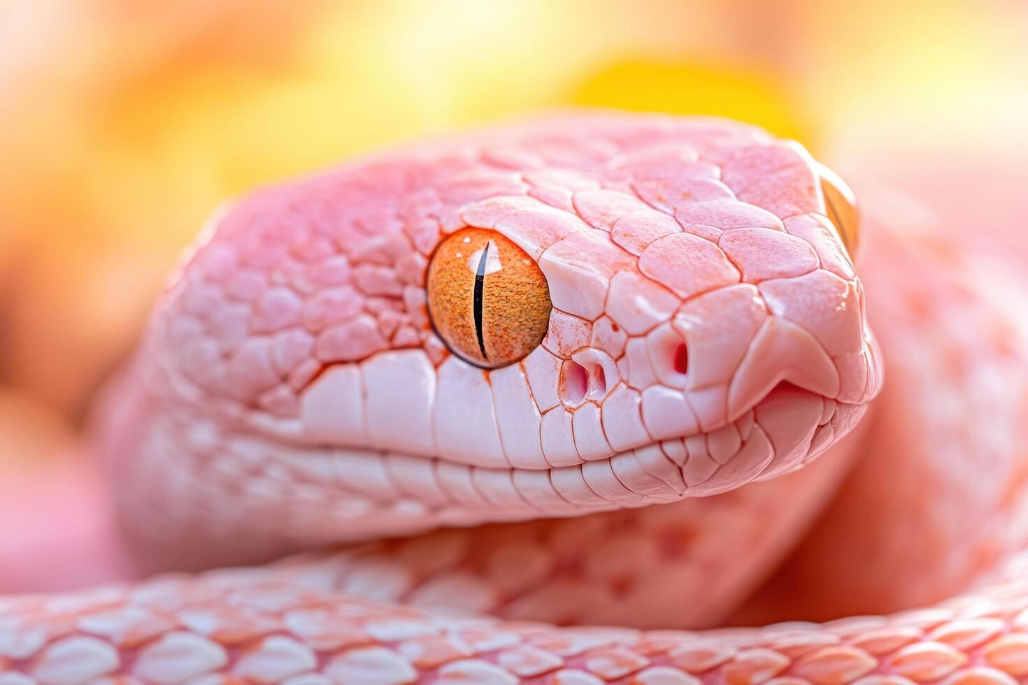 A close up of a pink snake with orange eyes photo