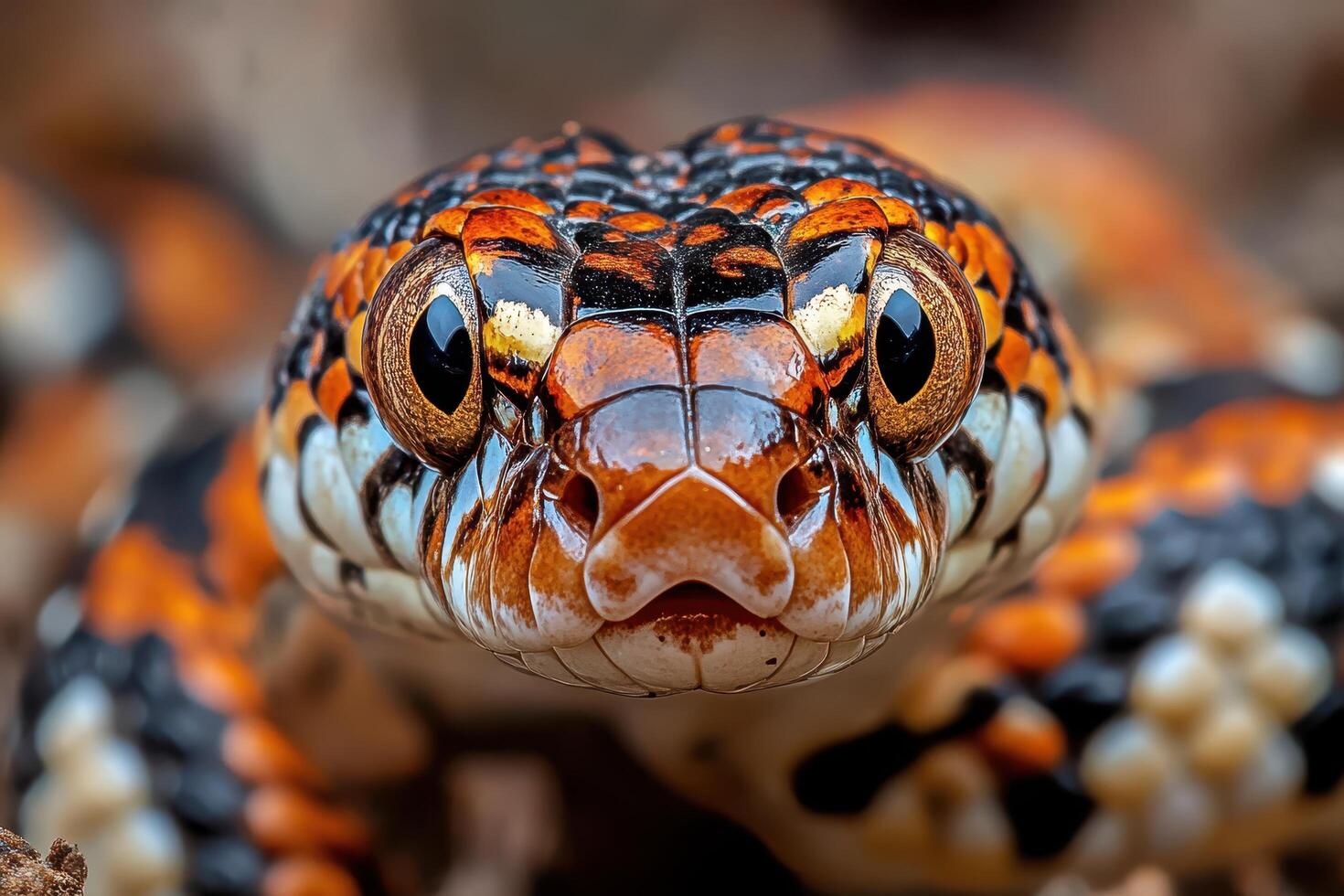 A close up of a snake's face with its eyes open photo