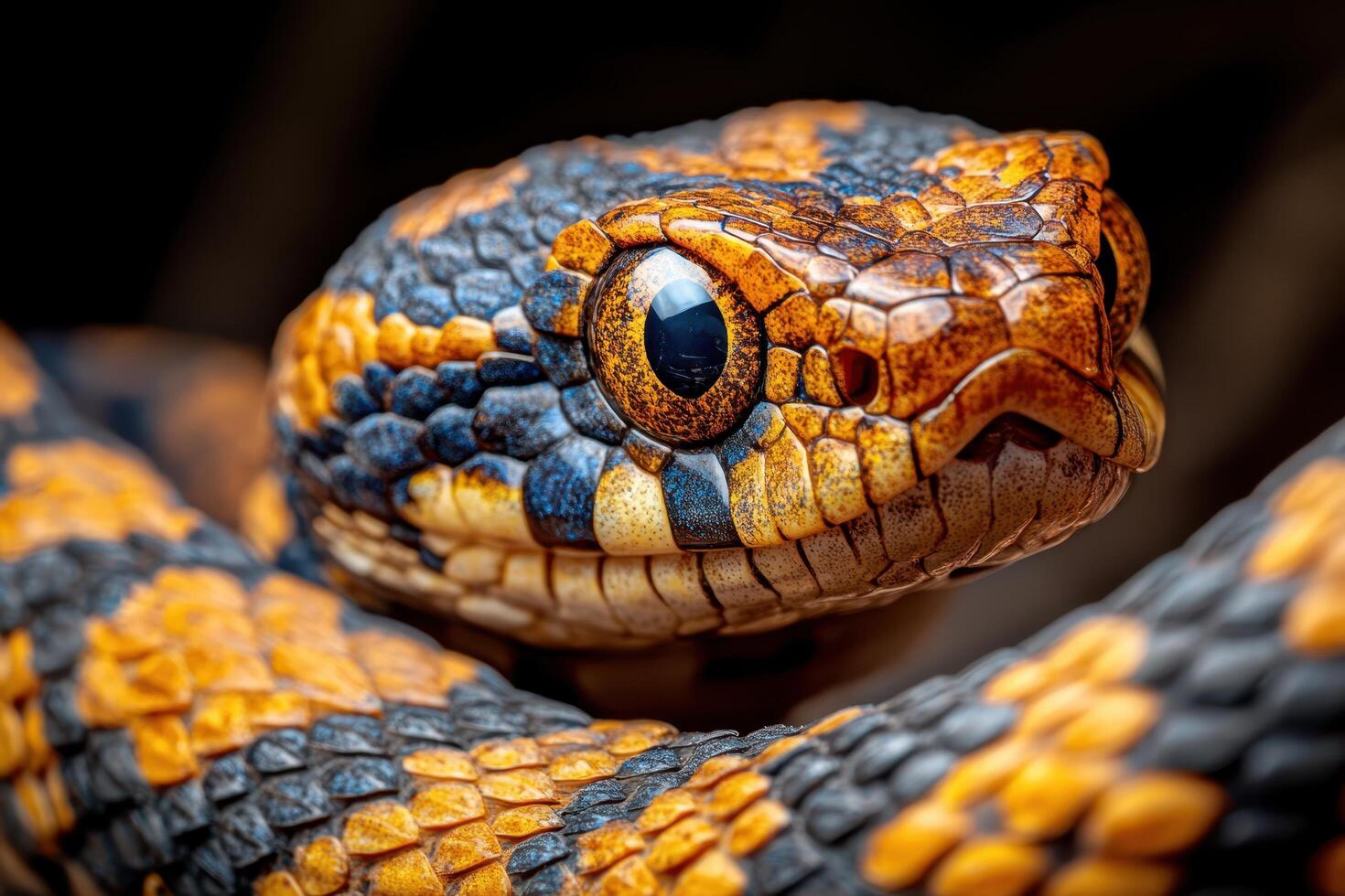 A close up of a snake's head and body photo