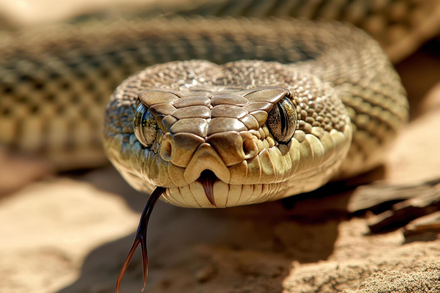 A snake with its mouth open and its eyes looking at the camera photo