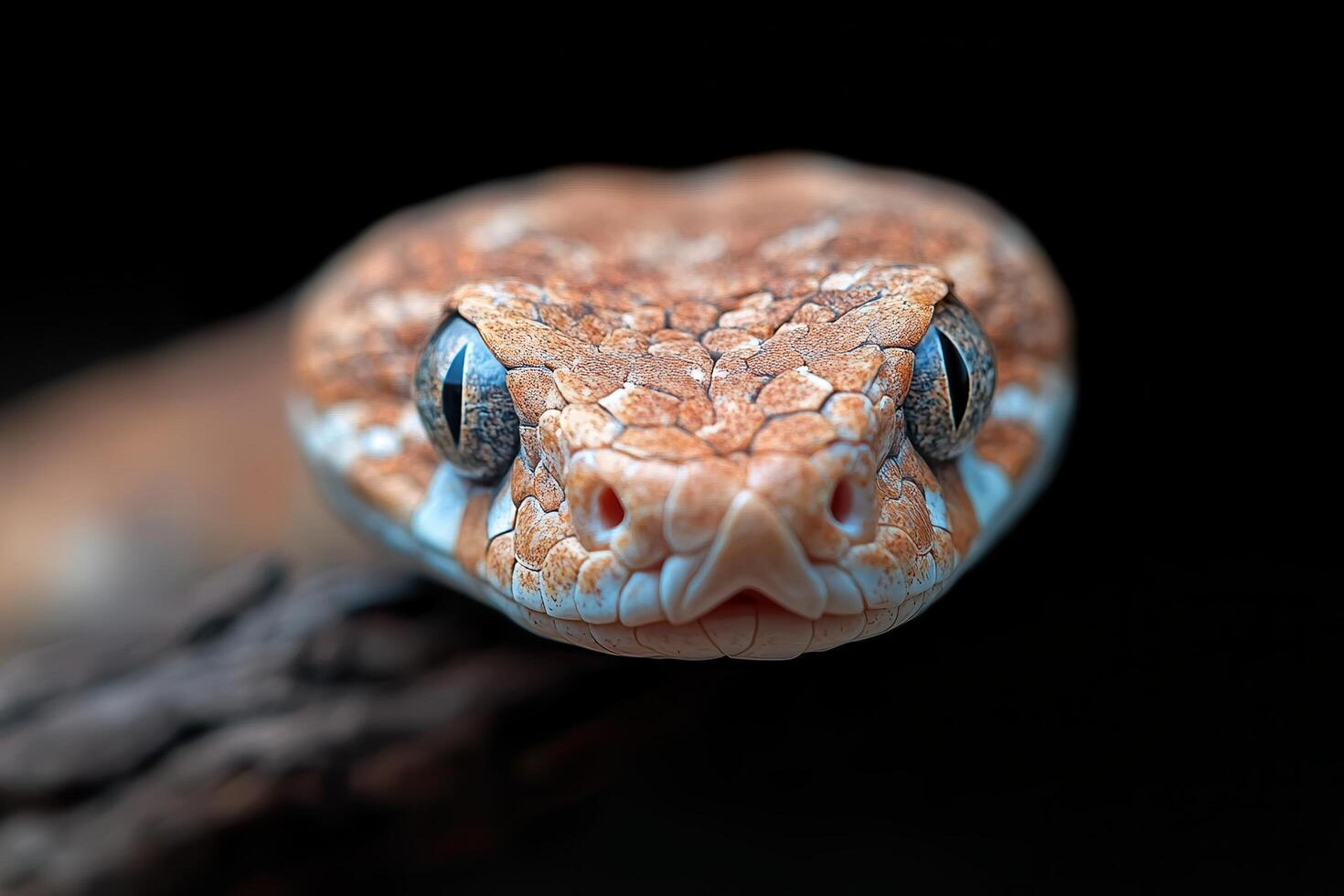 A close up of a snake's head with a black background photo