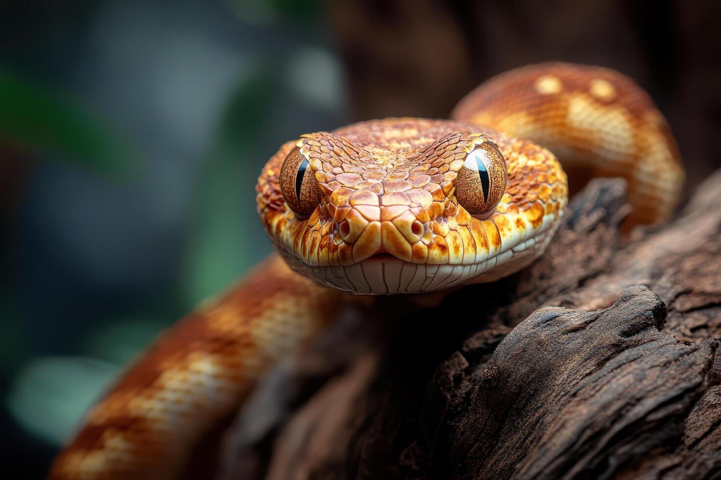 A close up of a snake with its head on a tree branch photo
