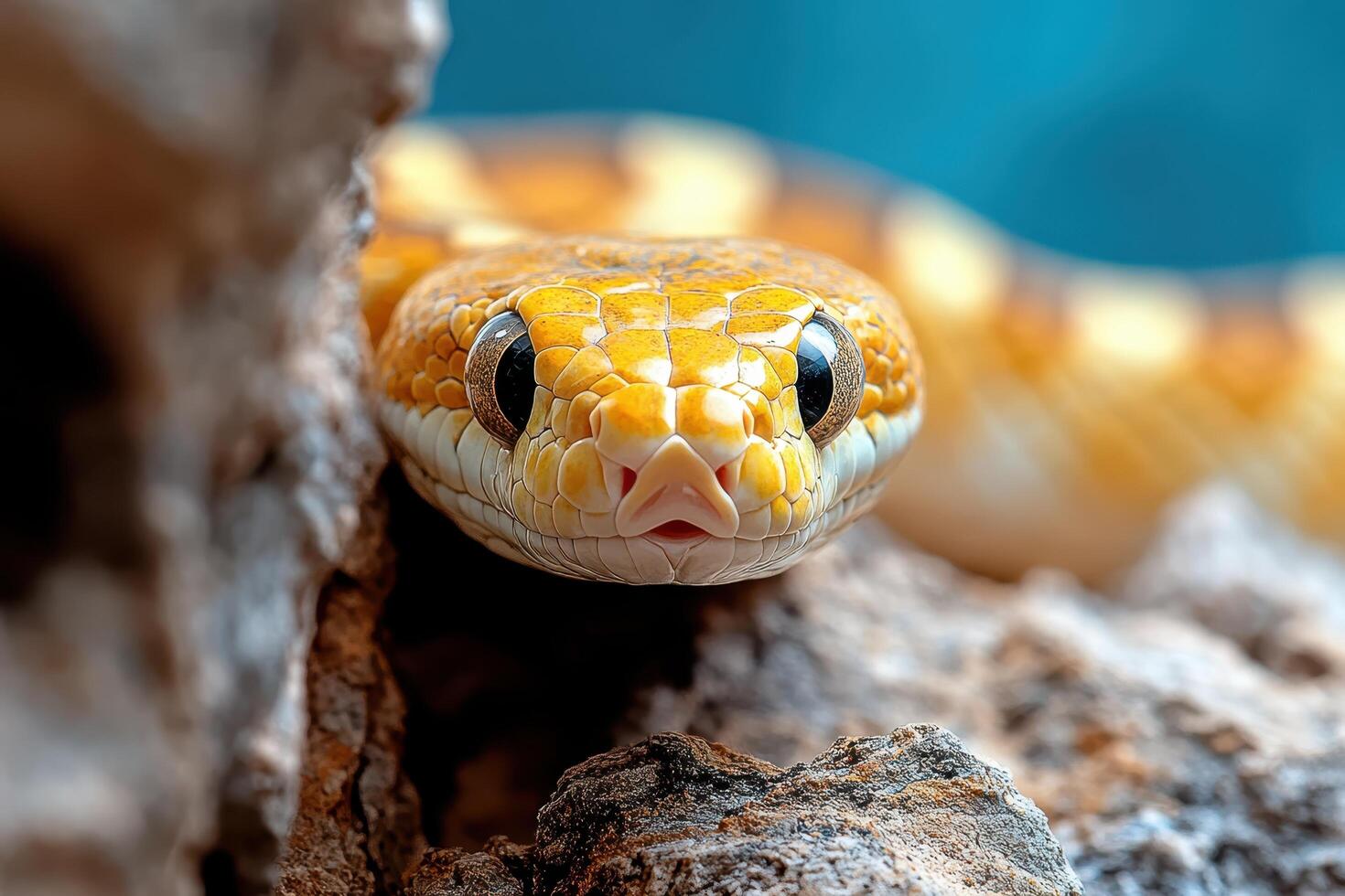 A close up of a yellow snake with its head sticking out of a rock photo