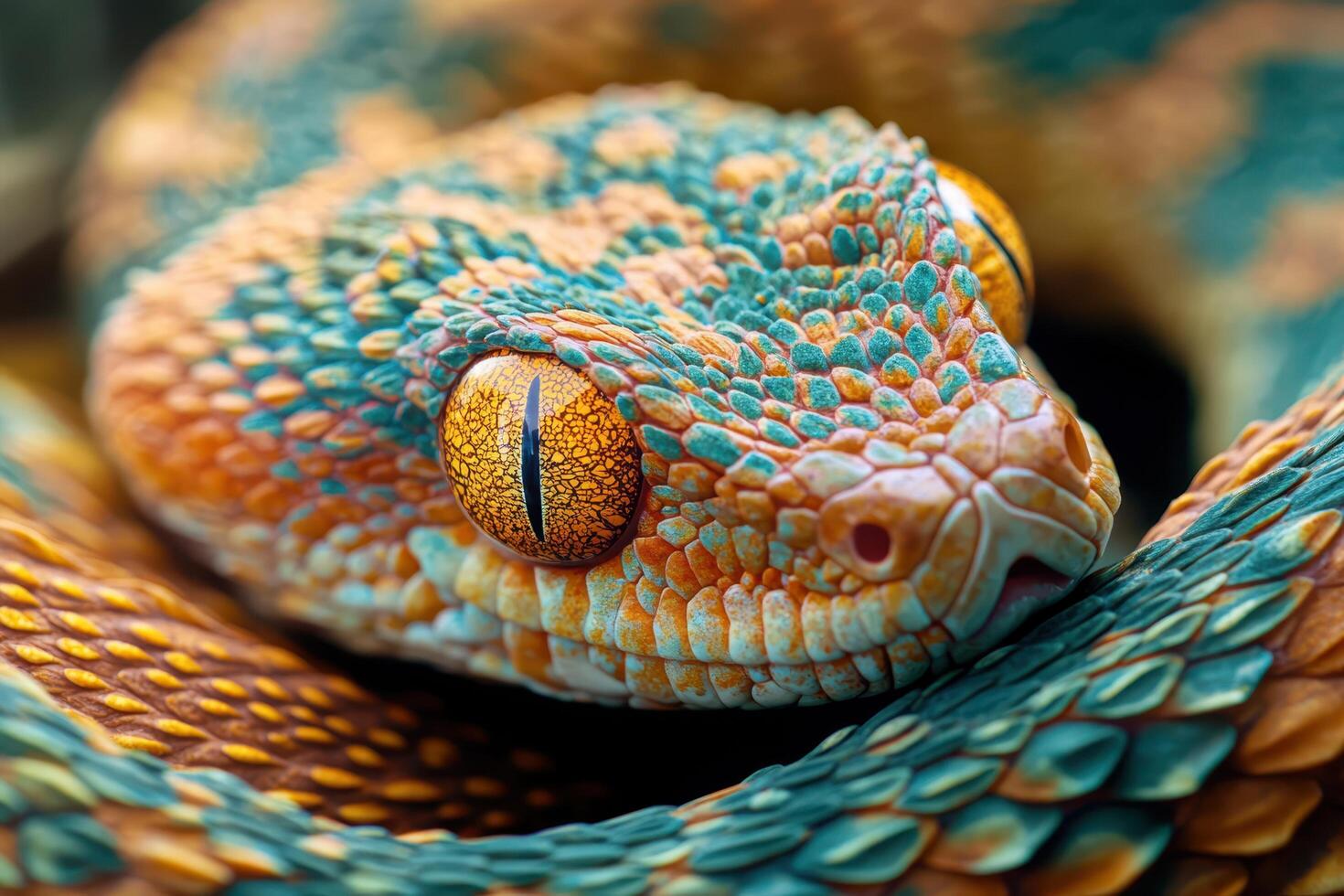 A close up of a colorful snake with orange eyes photo