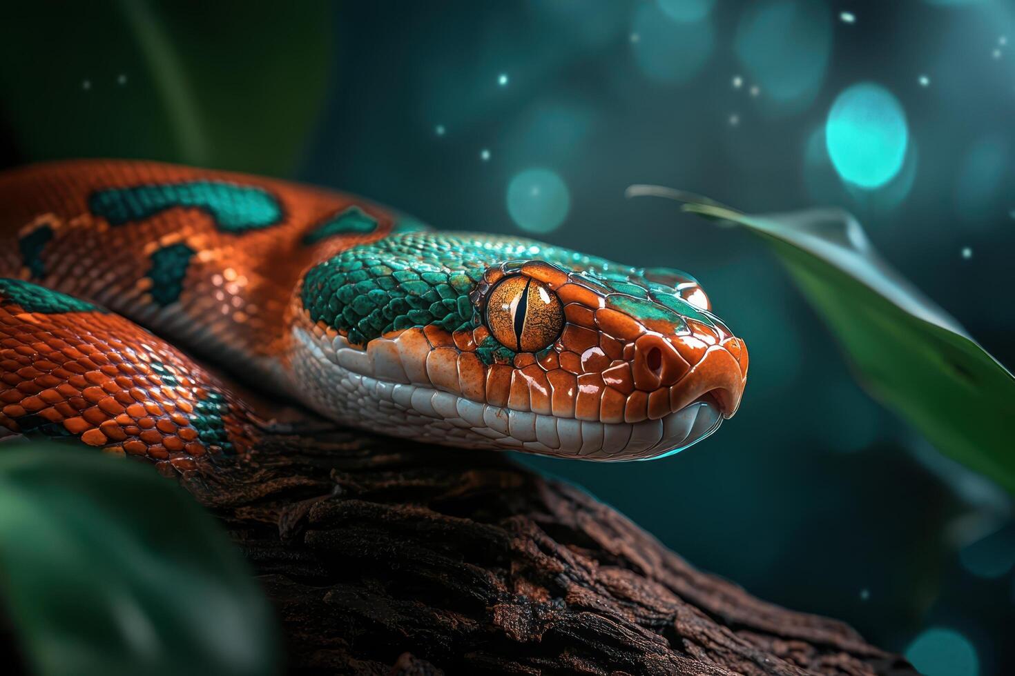 A snake with bright green and orange colors photo