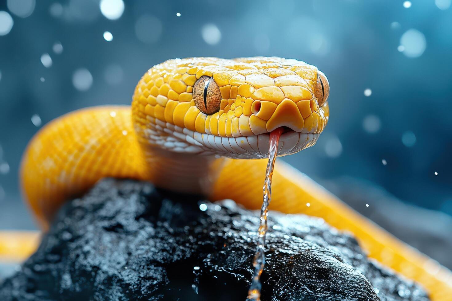 A yellow snake with its mouth open in the rain photo