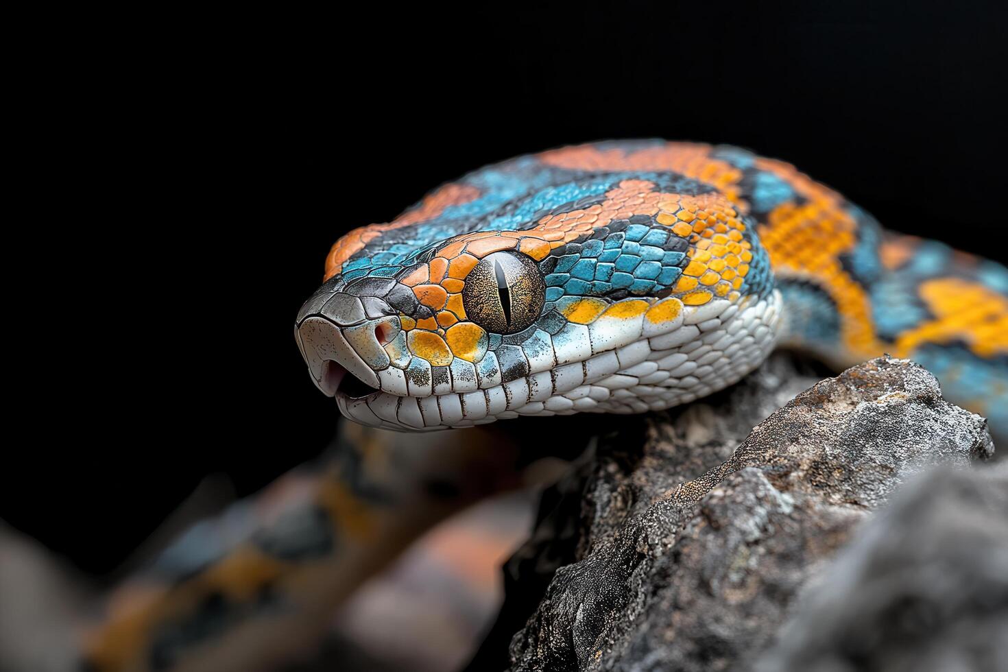 A close up of a colorful snake with black background photo