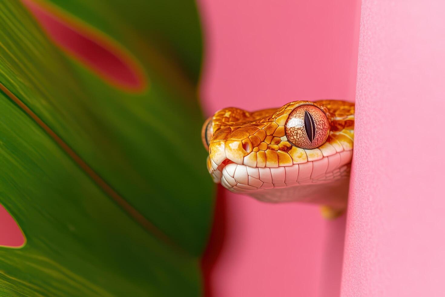 A close up of a snake on a pink wall photo