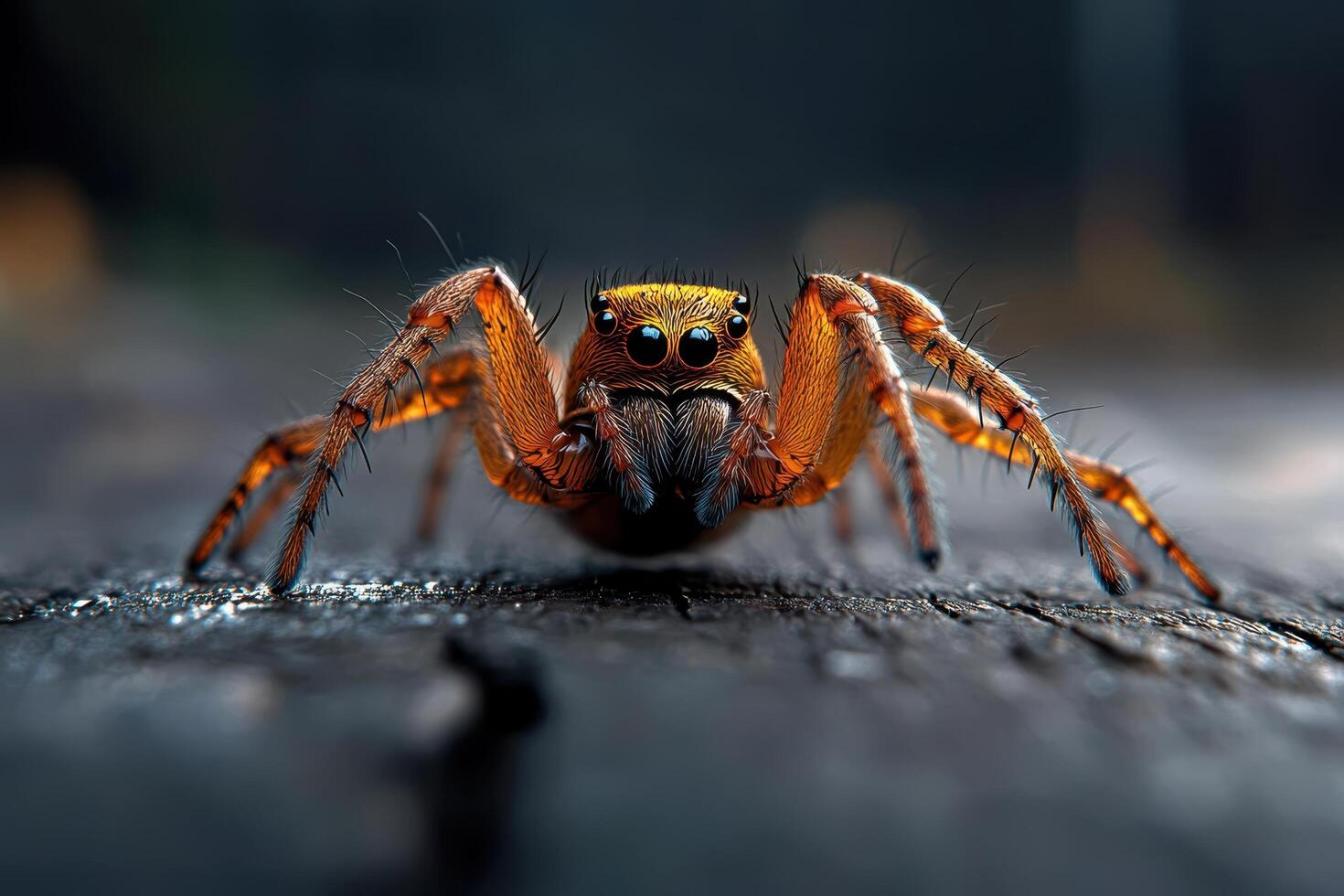 A spider with large eyes sitting on a wooden surface photo