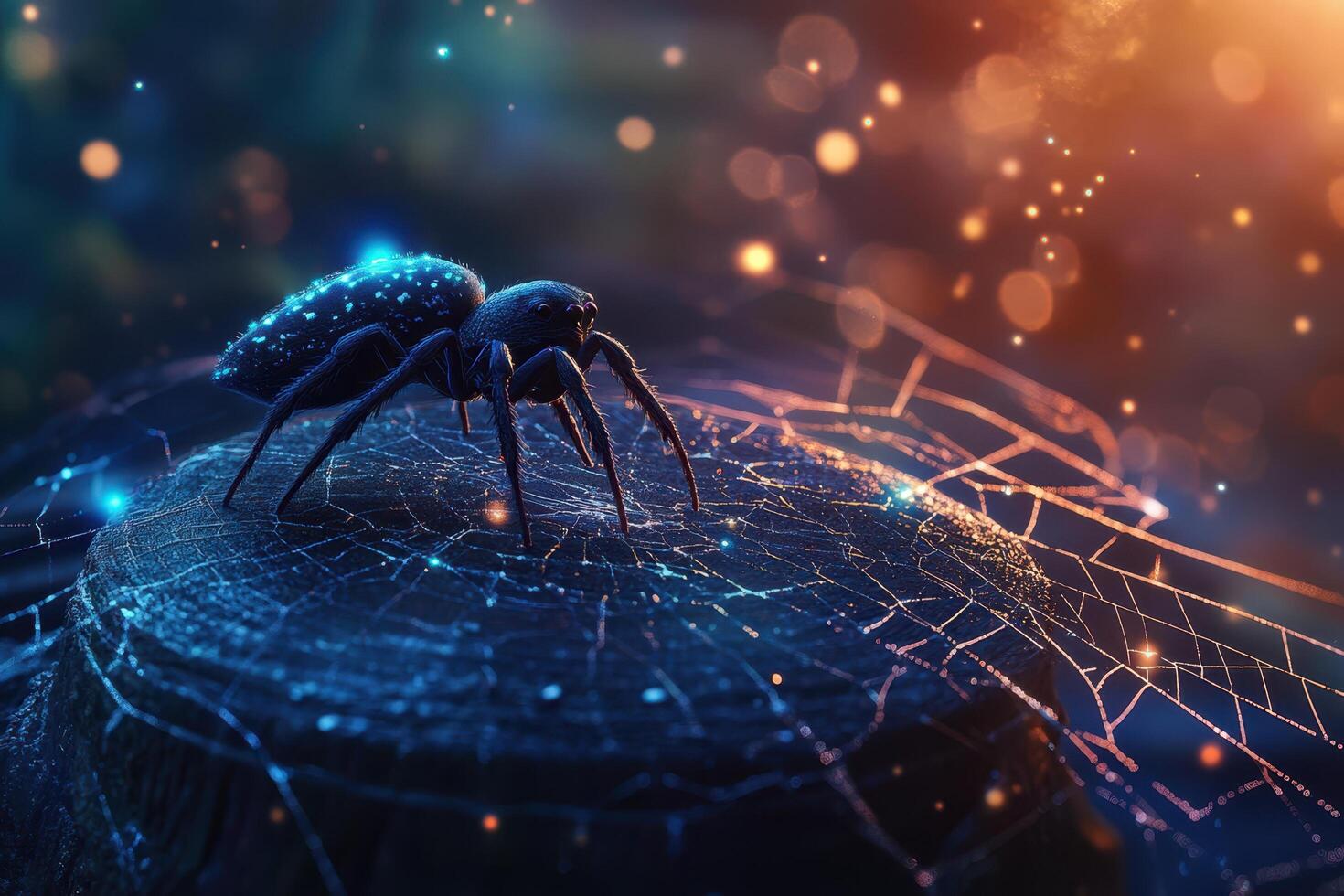 A spider sits on a log with a glowing spider web photo