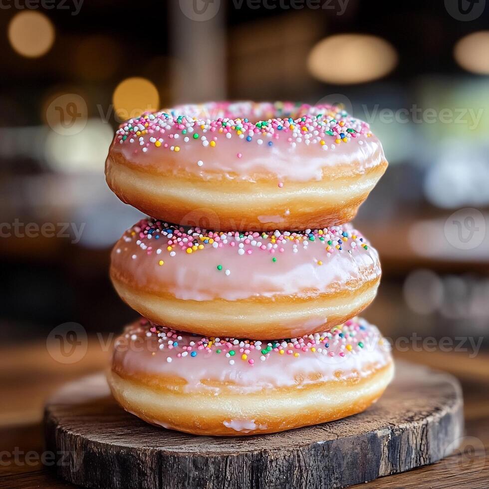 Three donuts stacked on top of each other on a wooden table photo