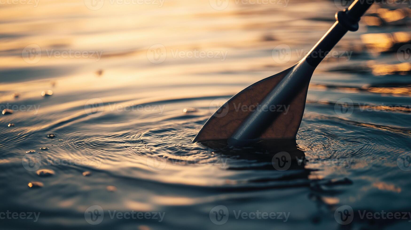 Wooden paddle tip dips into water creating ripples photo