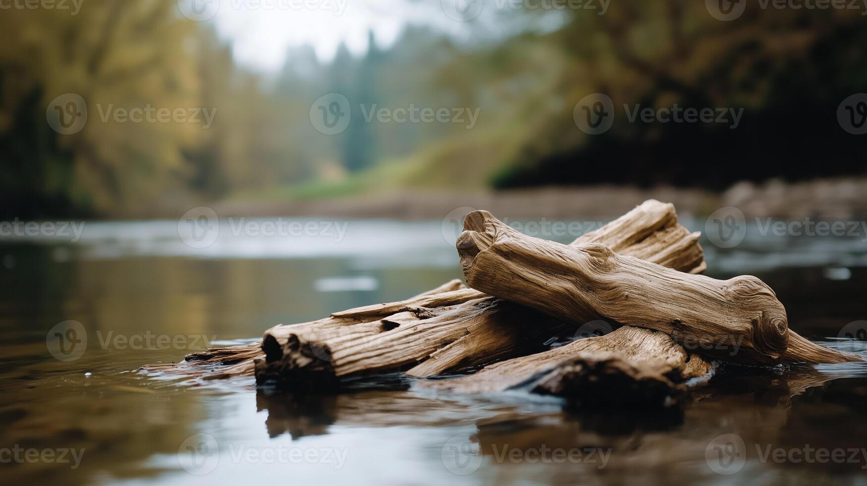Driftwood rests in calm river water creating peaceful haven photo
