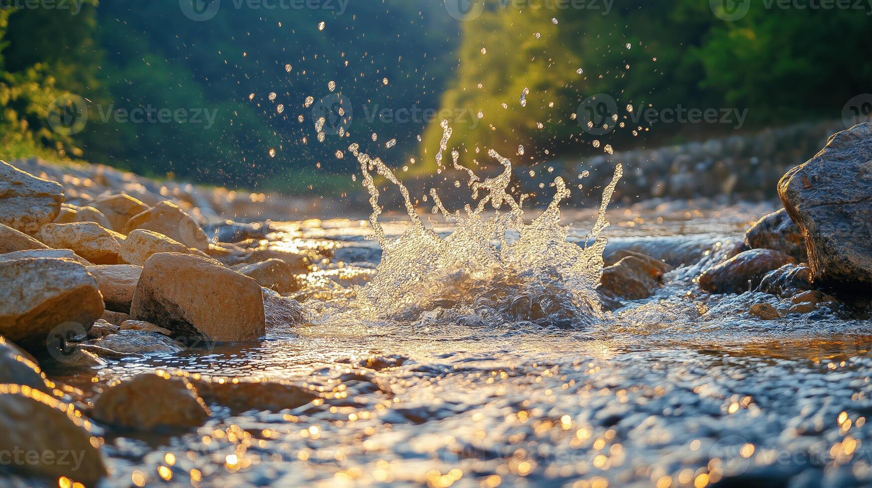 Water splash forms perfect crown shape in flowing river stream photo