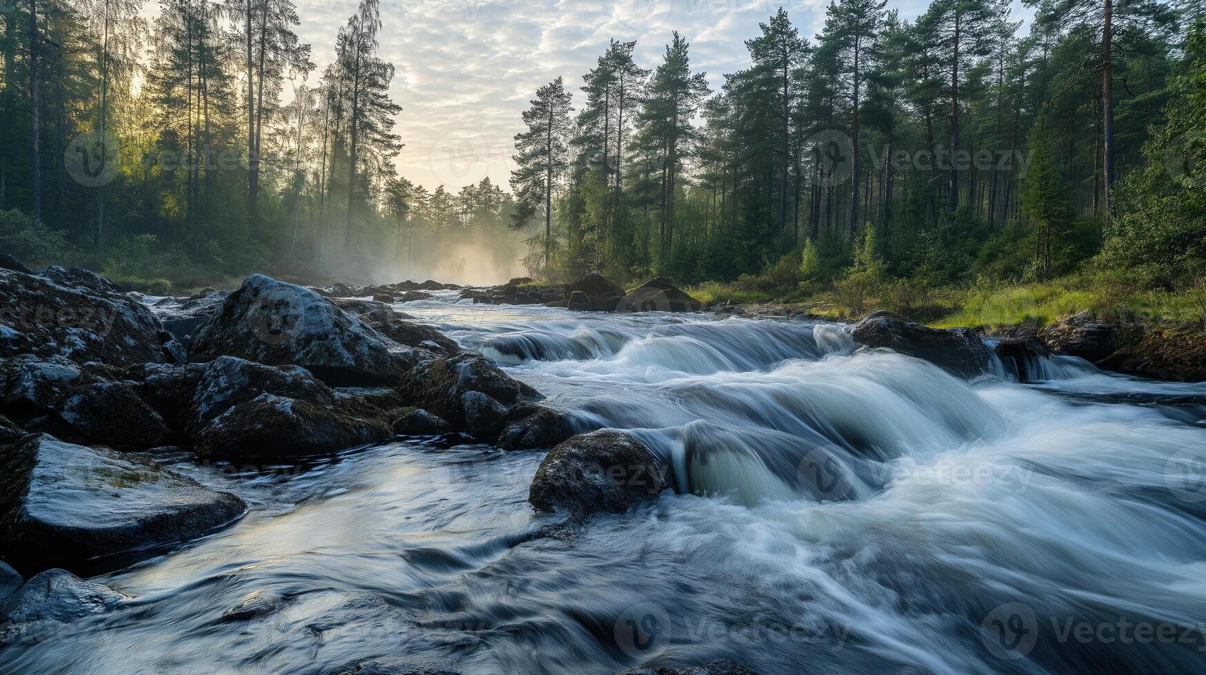 Water creates beautiful cascade over rocks in forest river, dynamic motion photo