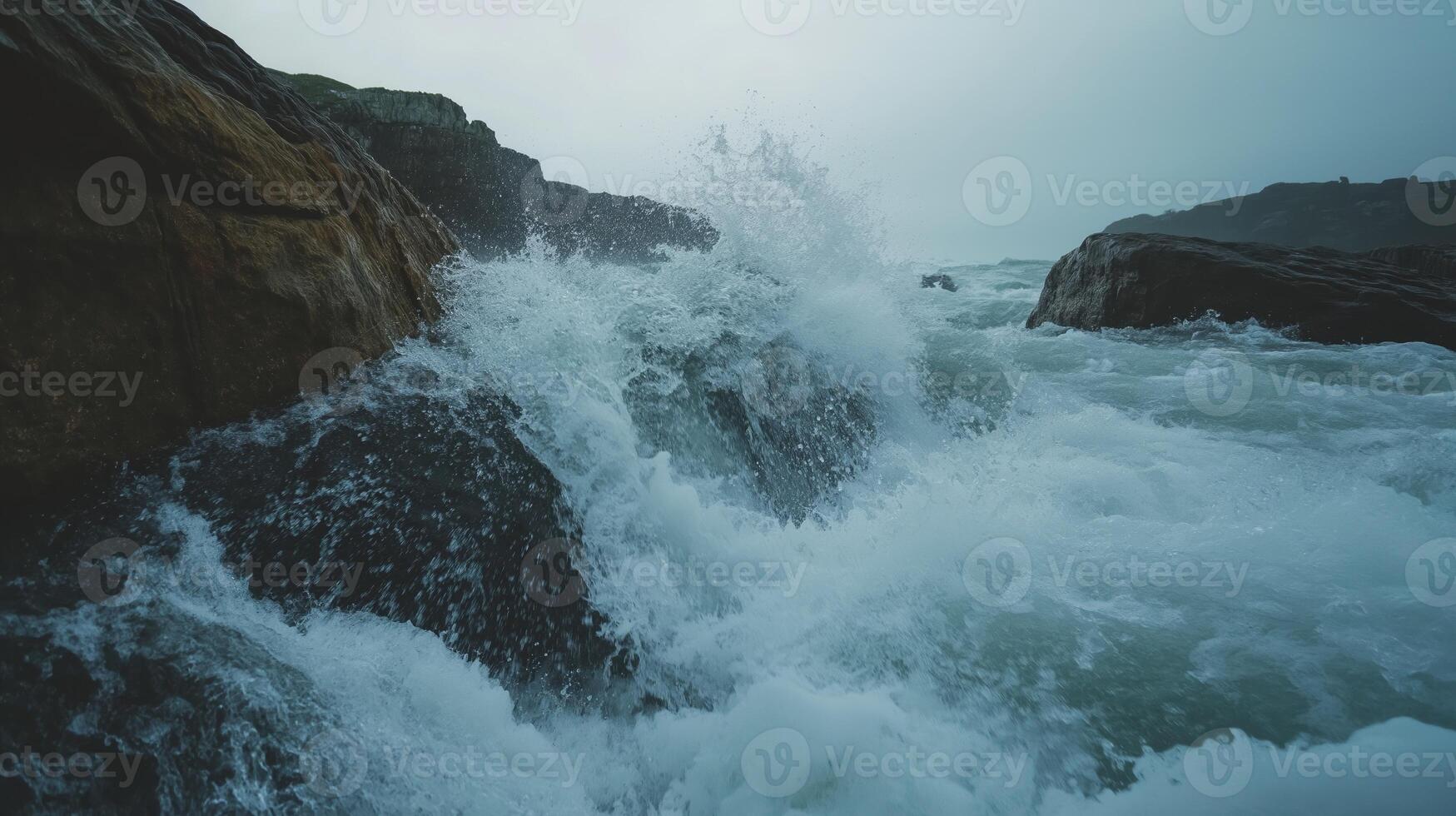 Ocean waves crash with immense fury against rugged coastal rocks photo
