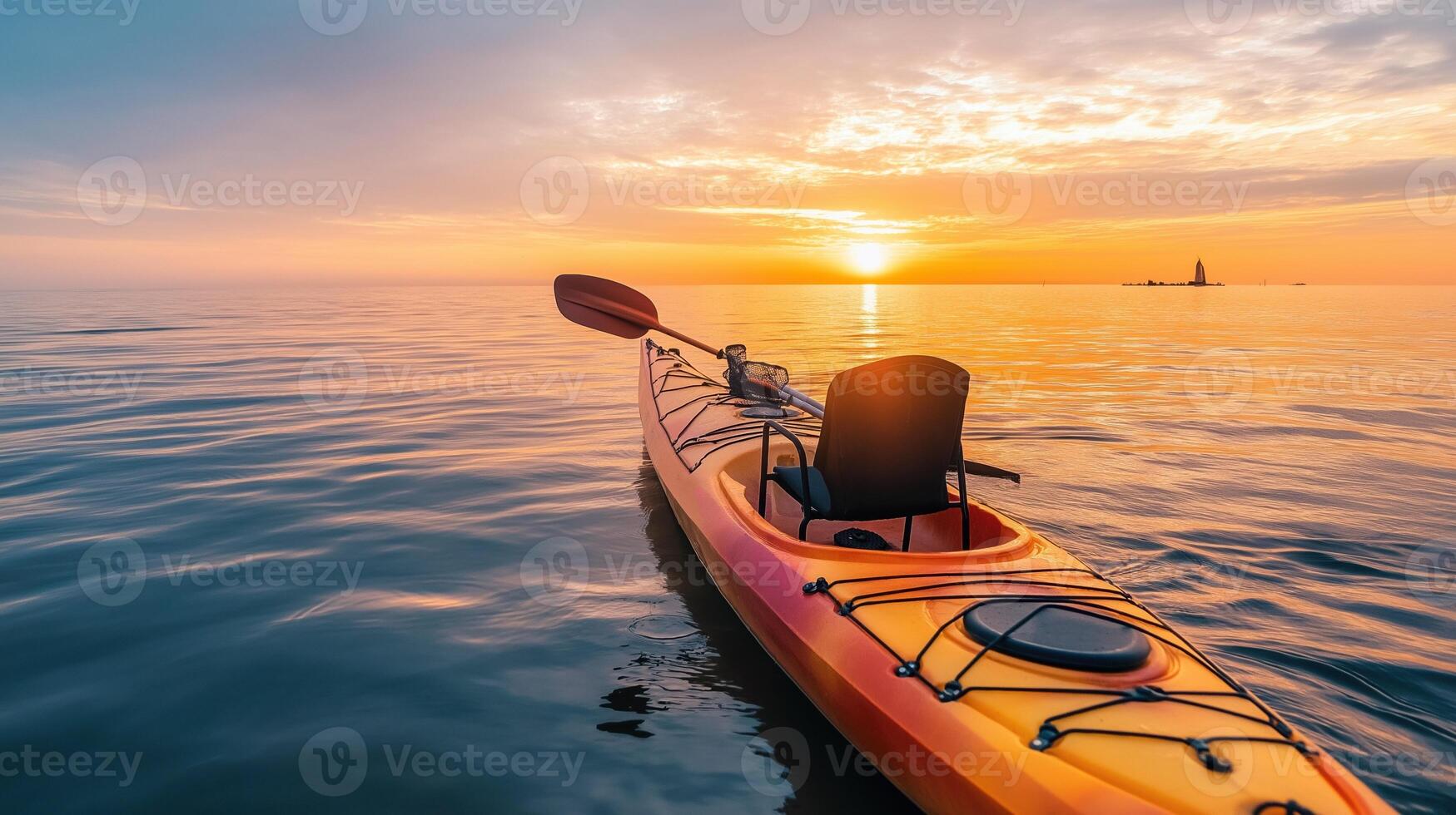 Lone kayak floats peacefully on calm sea enjoying breathtaking sunset photo