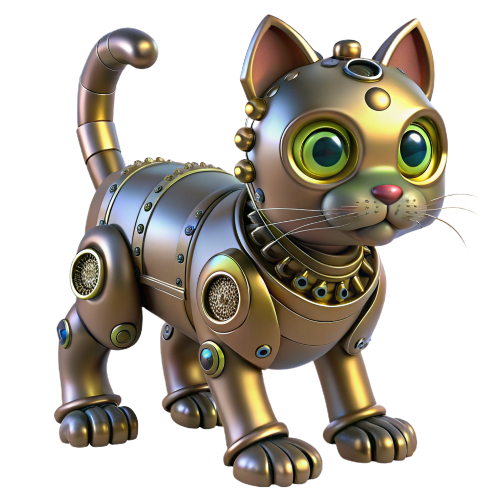 stunning vintage Steampunk robotic cat with intricate gears and glowing eyes authentic png