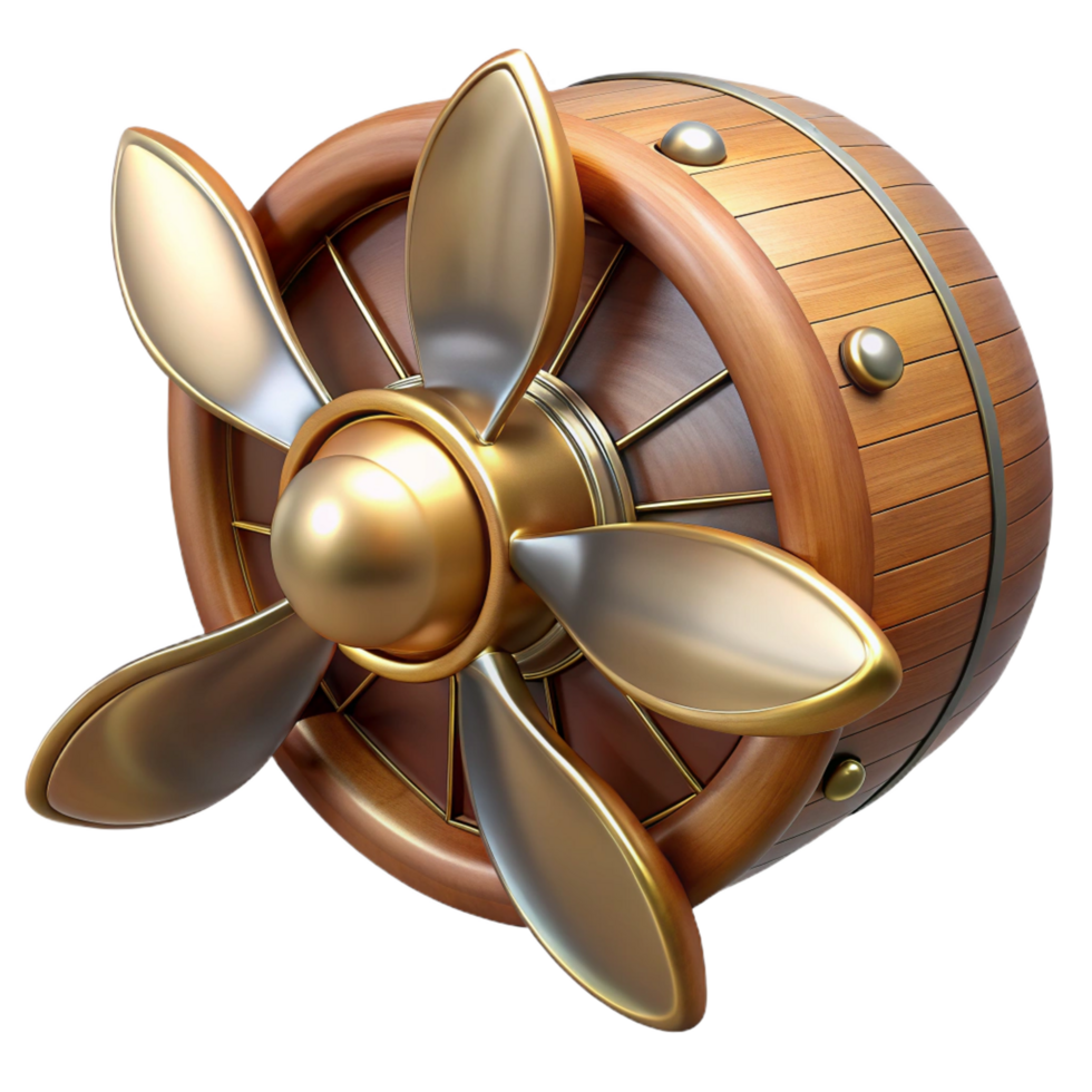 stunning traditional Steampunk airship propeller made of polished wood and copper detailed png