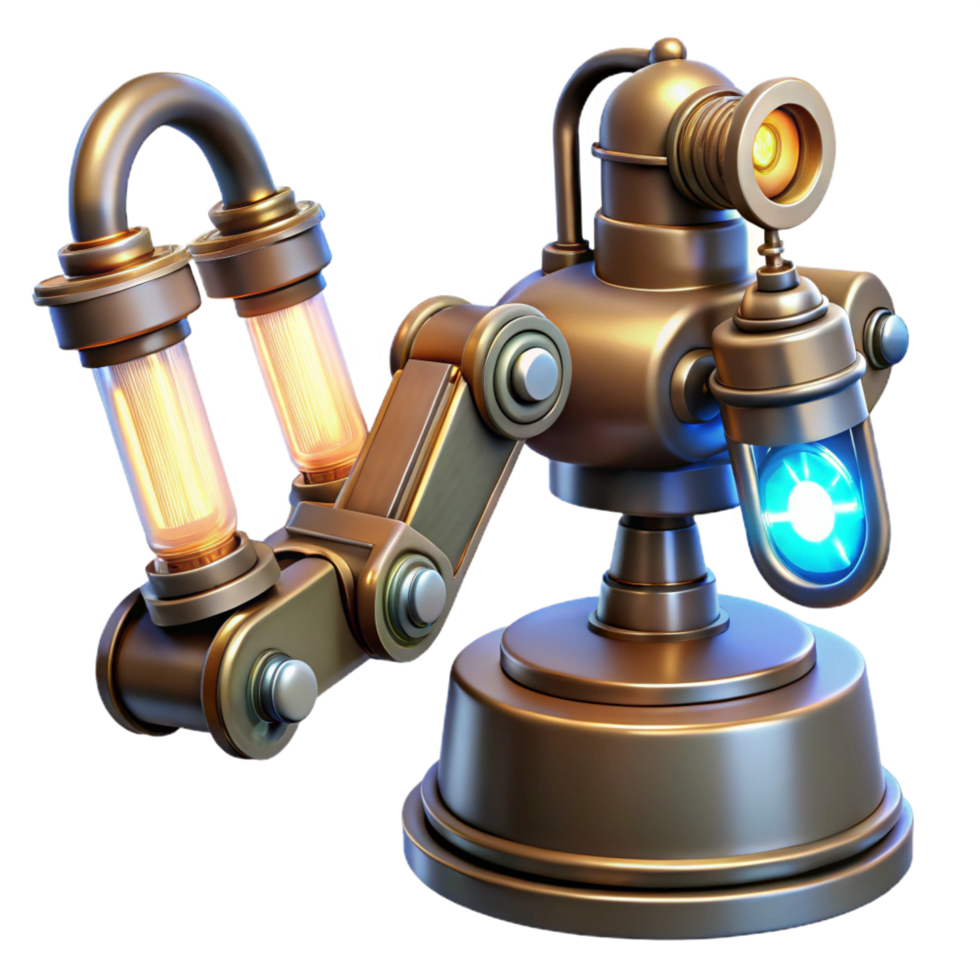impressive contemporary Steampunk robotic arm with visible clockwork mechanisms and glowing vacuum tubes high quality png