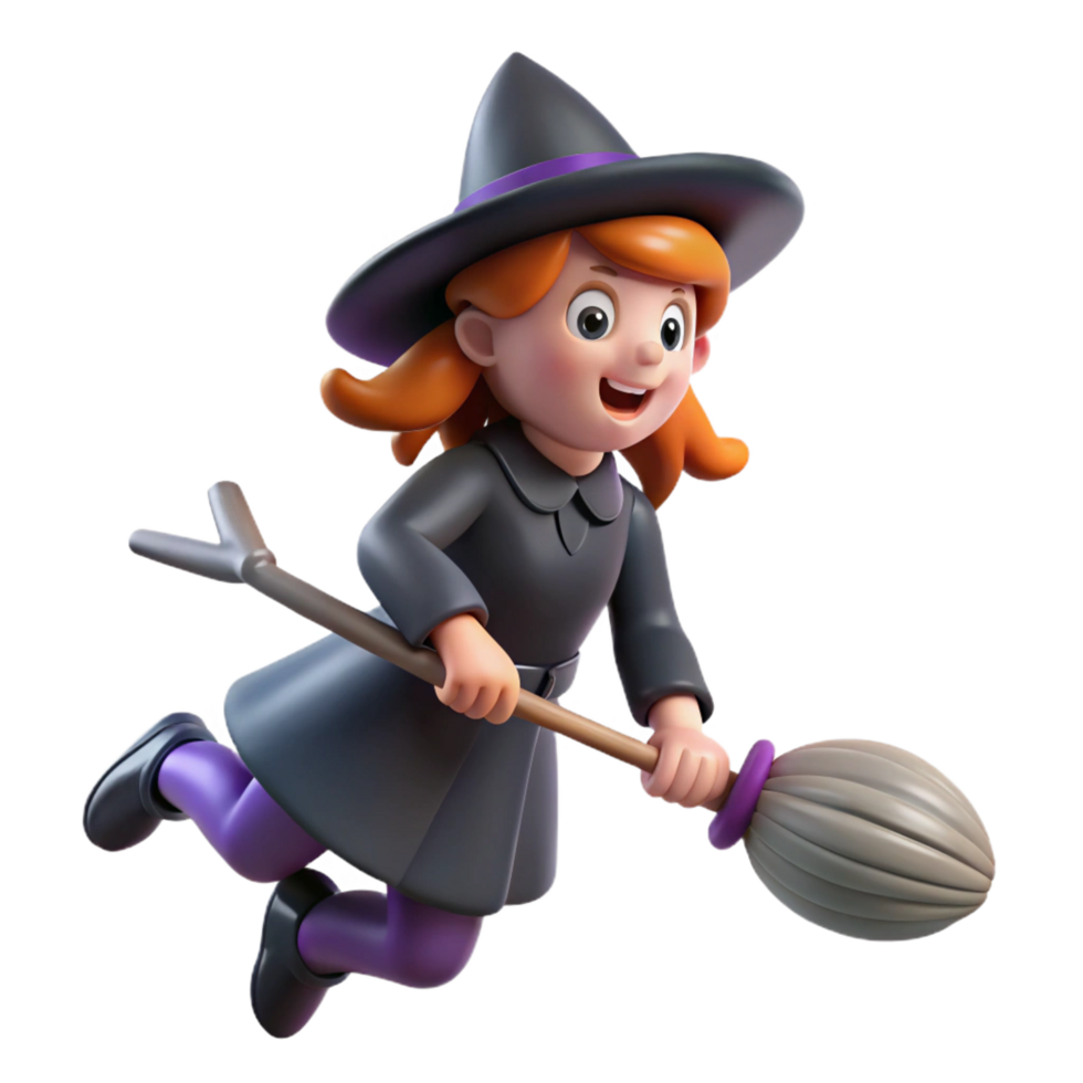 vibrant traditional A cartoon witch, flying on a broomstick broomstick handle only visible authentic png