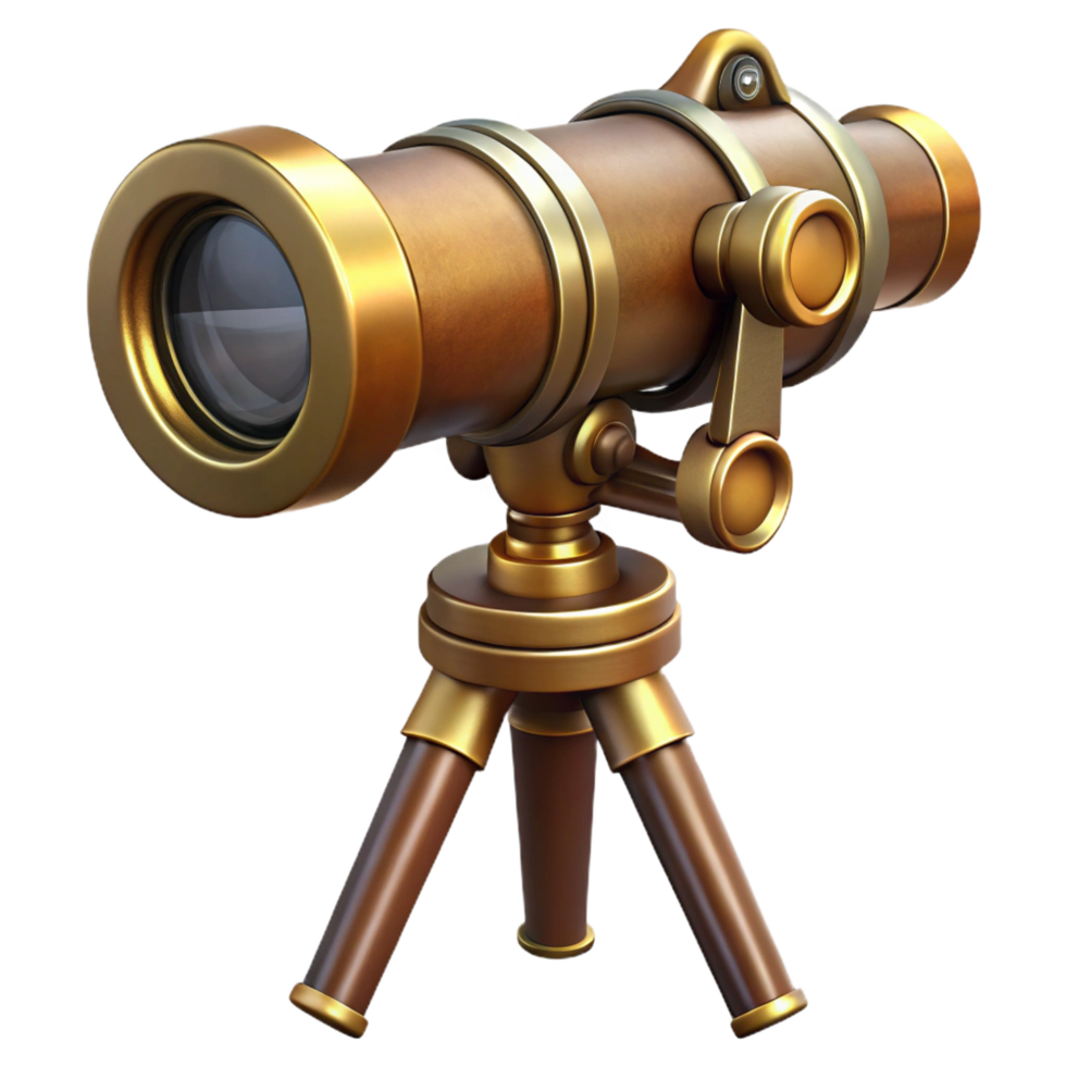 stunning creative Steampunk telescope with brass lenses and a wooden tripod mount tripod mount cropped out detailed png