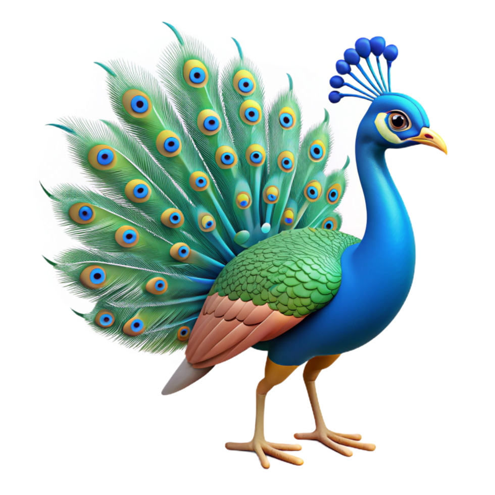 notable retro A strutting peacock with tail feathers displayed NO BACKGROUND with Transparent Background. handcrafted png