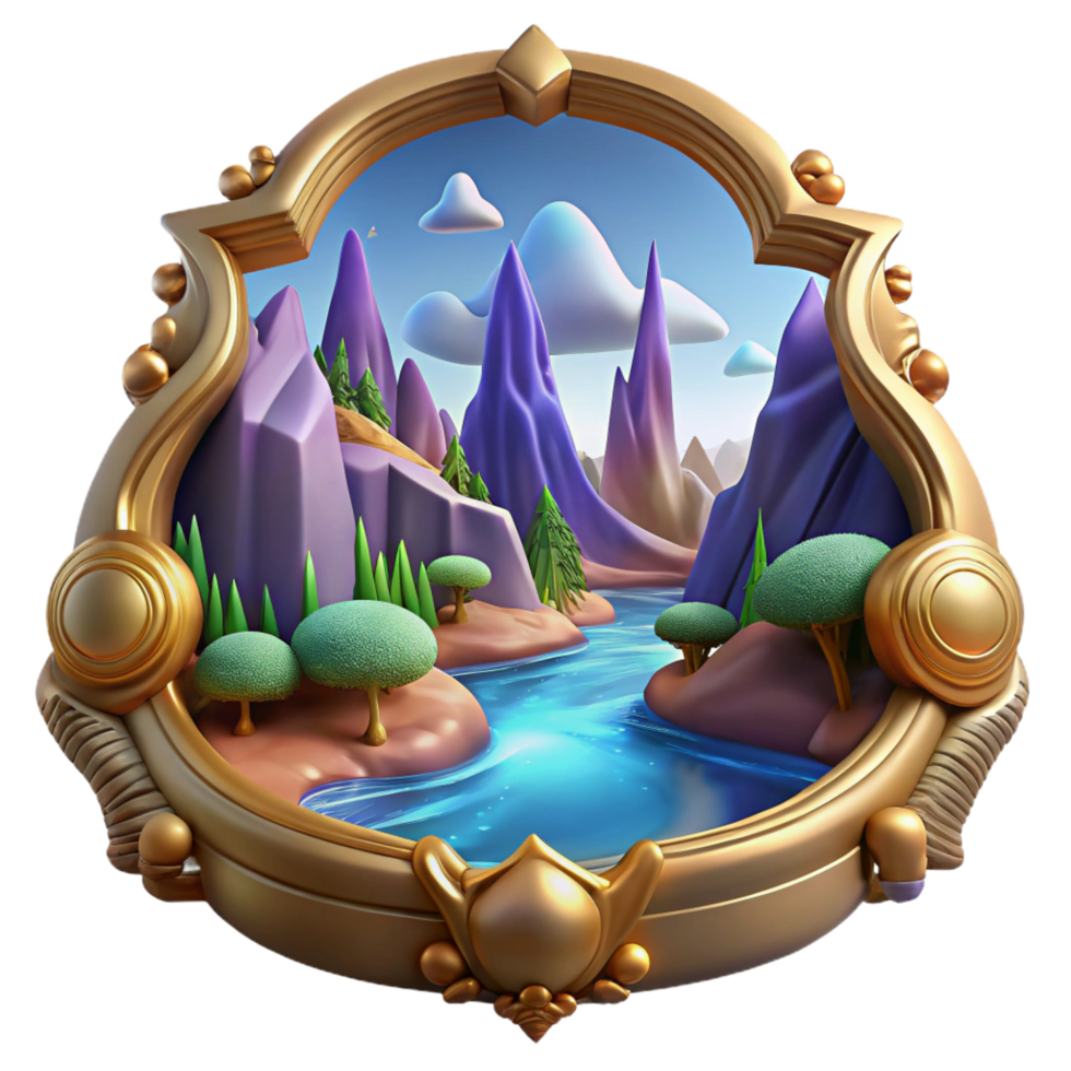 sought-after minimalist A beautiful, stylized, fantasy landscape painting, in a ornate frame. NO BACKGROUND with Transparent Background. high resolution png