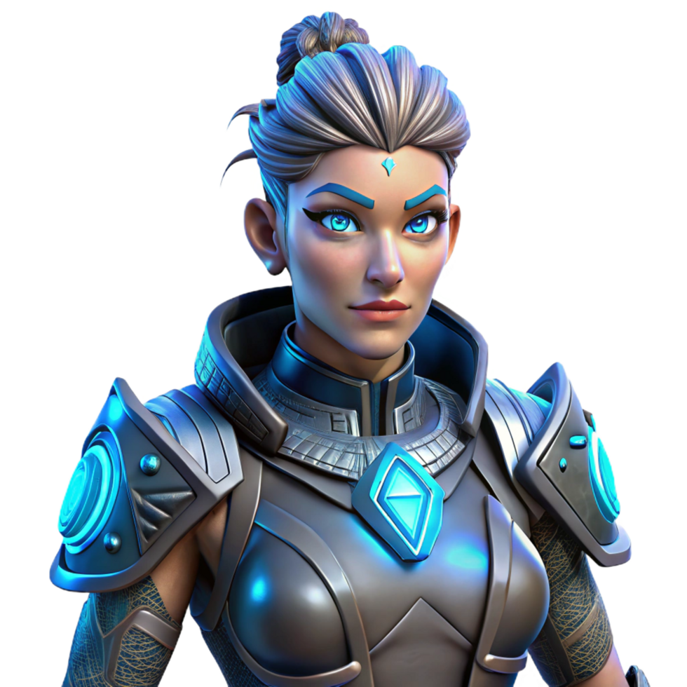 wonderful quintessential Cyberpunk female warrior, intricate armor, glowing blue tattoos, NO BACKGROUND with Transparent Background. png