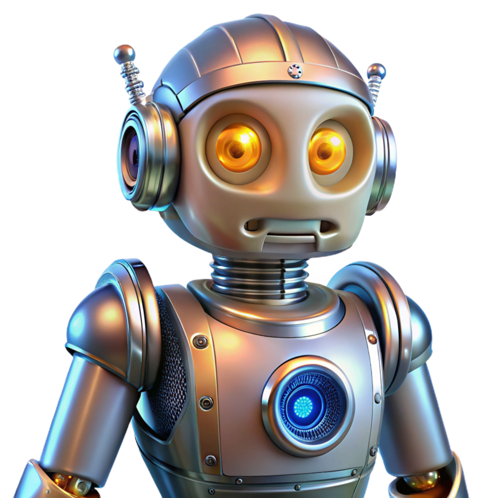 vibrant mid-century Robot with intricate mechanical details and glowing accents NO BACKGROUND with Transparent Background. Just the robot itself, no specific part high resolution png