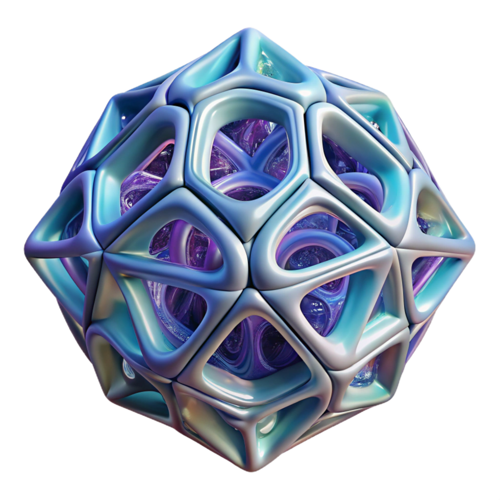 quintessencial minimalista uma flutuando, geométrico forma com intrincado fractal padrões. não fundo com transparente fundo. precisão png