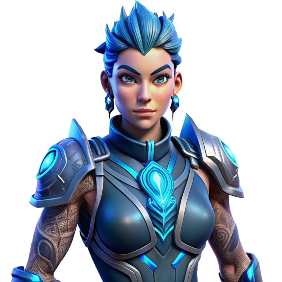 stunning unforgettable Cyberpunk female warrior, intricate armor, glowing blue tattoos, NO BACKGROUND with Transparent Background. png