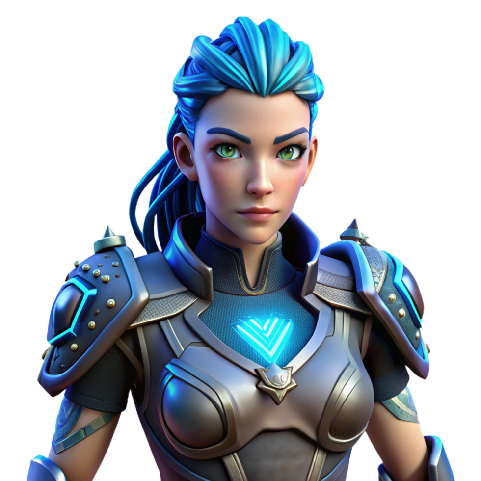 wonderful timeless Cyberpunk female warrior, intricate armor, glowing blue tattoos, NO BACKGROUND with Transparent Background. png