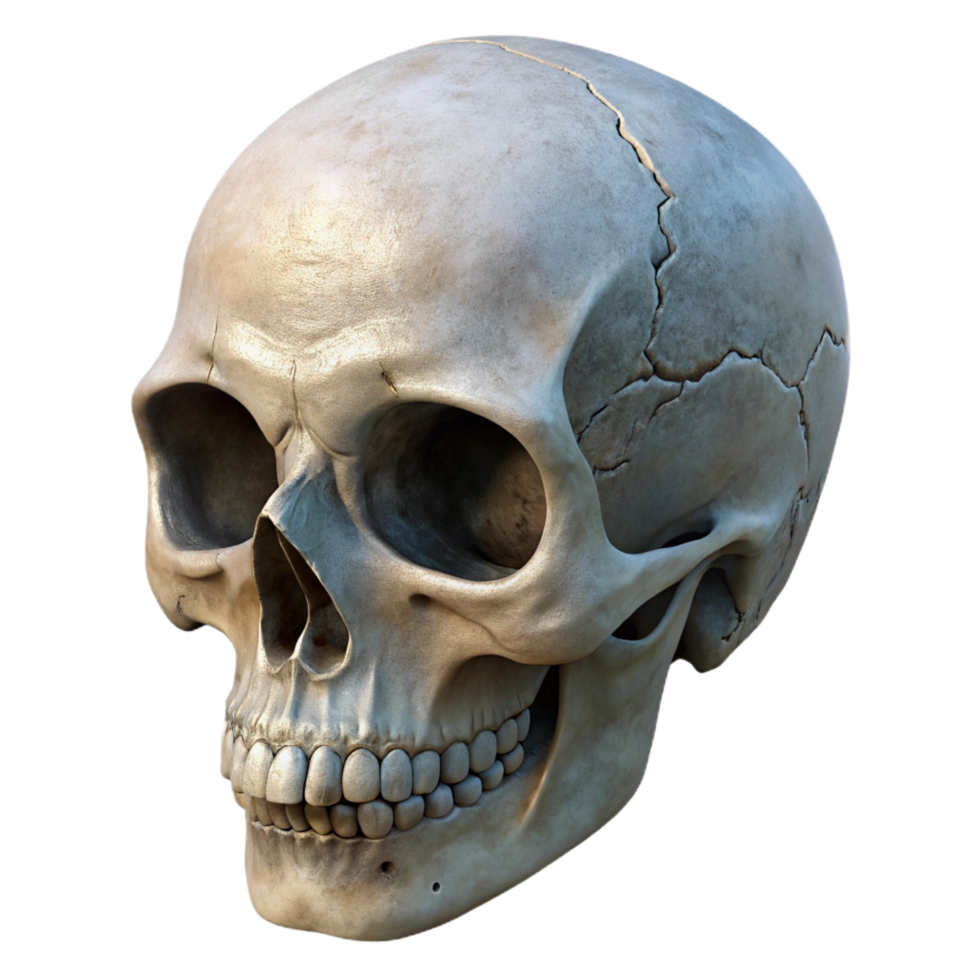 majestic reflective surreal A single, human skull, worn and weathered. NO BACKGROUND with Transparent Background. elite png