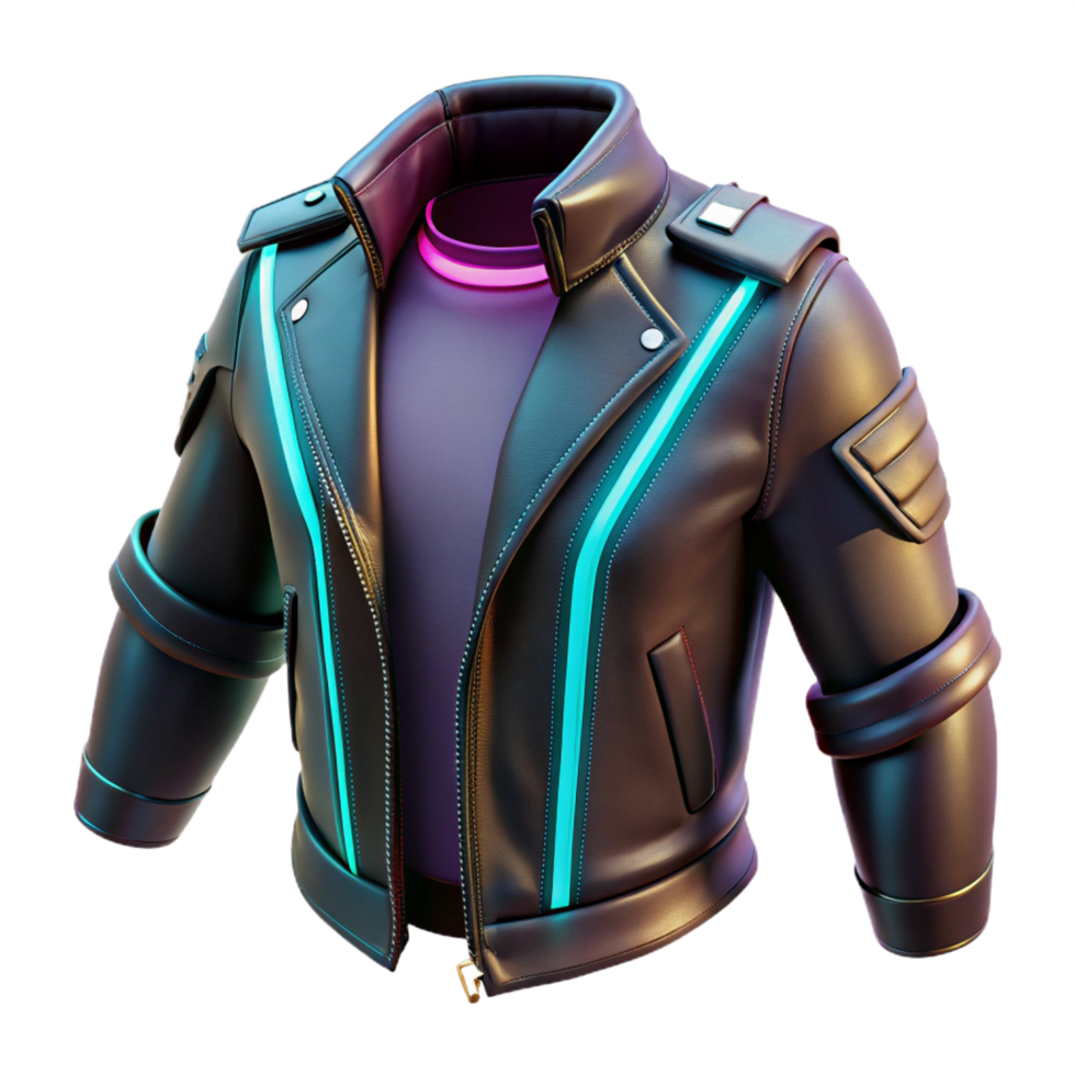 peaceful pristine Cyberpunk clothing, leather jacket, glowing accents, NO BACKGROUND with Transparent Background. impeccable png