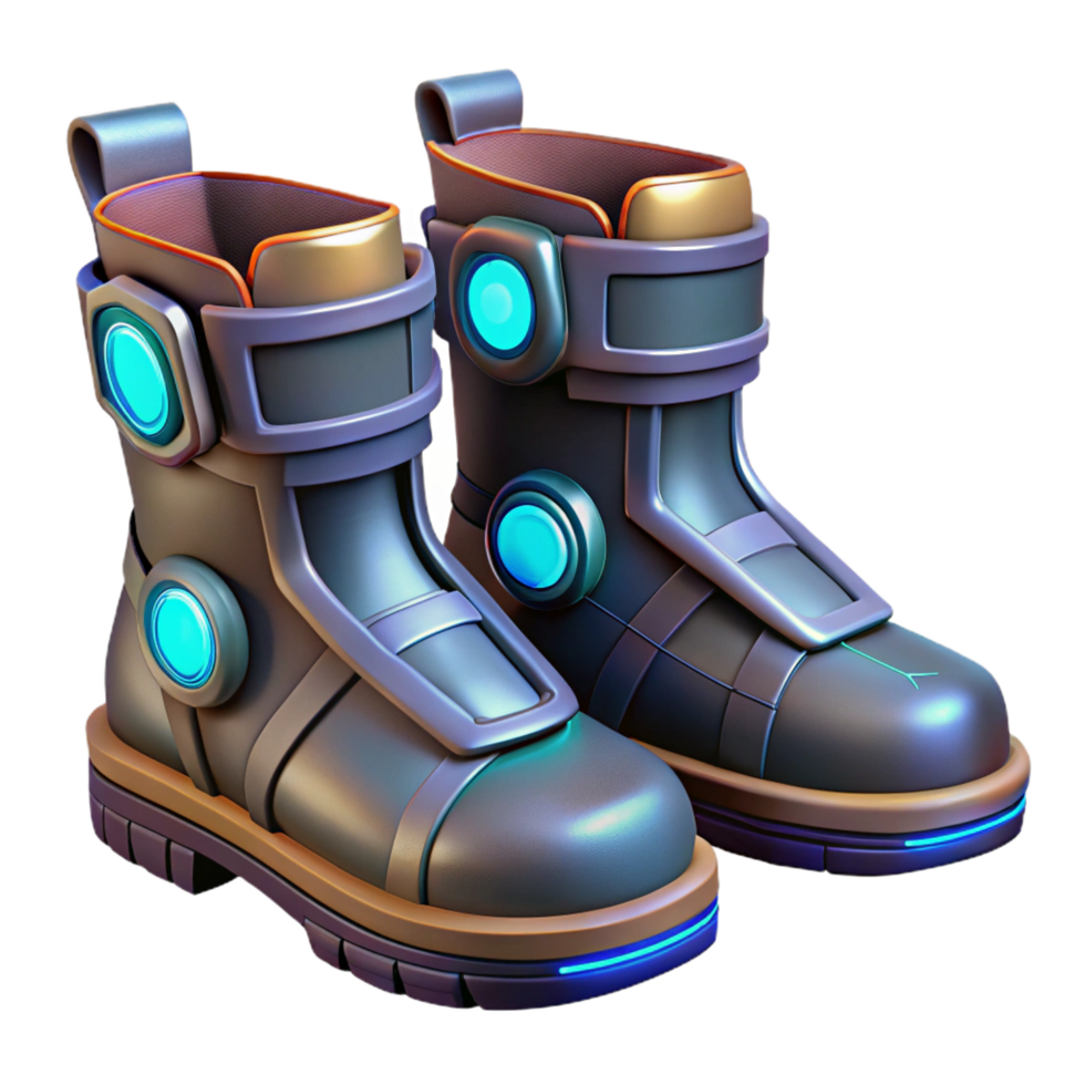 rare elegant Cyberpunk boots, armored, glowing accents, NO BACKGROUND with Transparent Background. expertly shot png