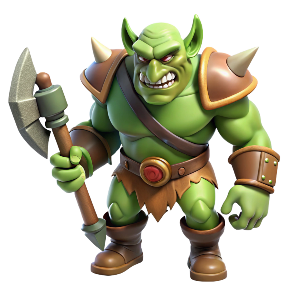pristine classic A fierce warrior orc, holding a battle-axe, snarling expression. NO BACKGROUND with Transparent Background. professional png