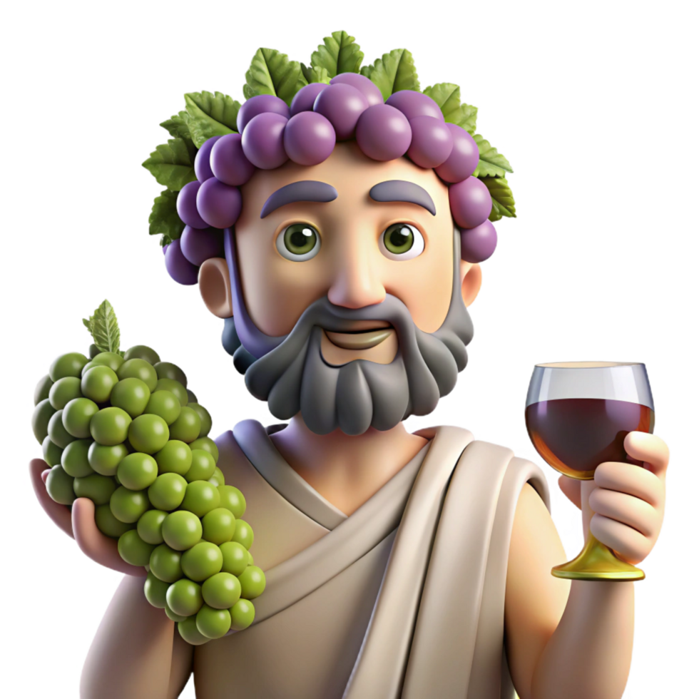 sumptuous surreal Dionysus, God of Wine and Revelry, holding a grapevine, NO BACKGROUND with Transparent Background. 8K png