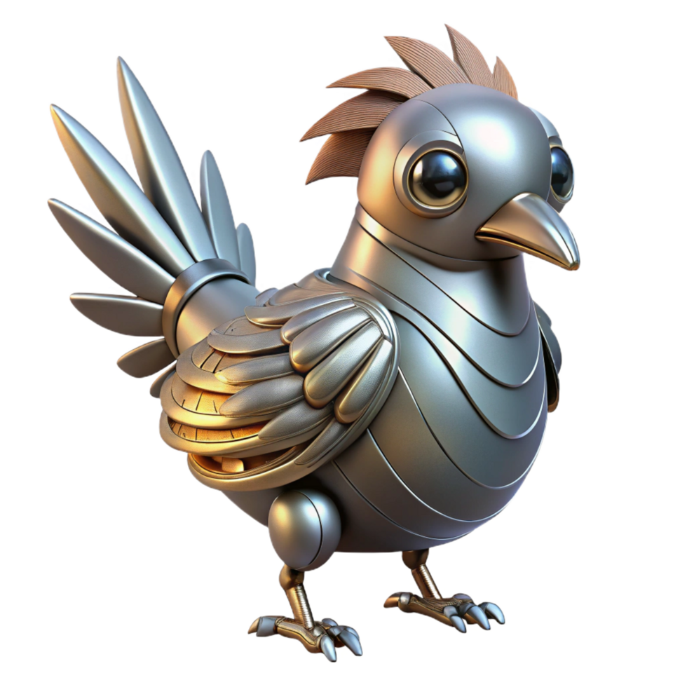 whimsical splendid Single robotic bird with metallic feathers NO BACKGROUND with Transparent Background. studio quality png