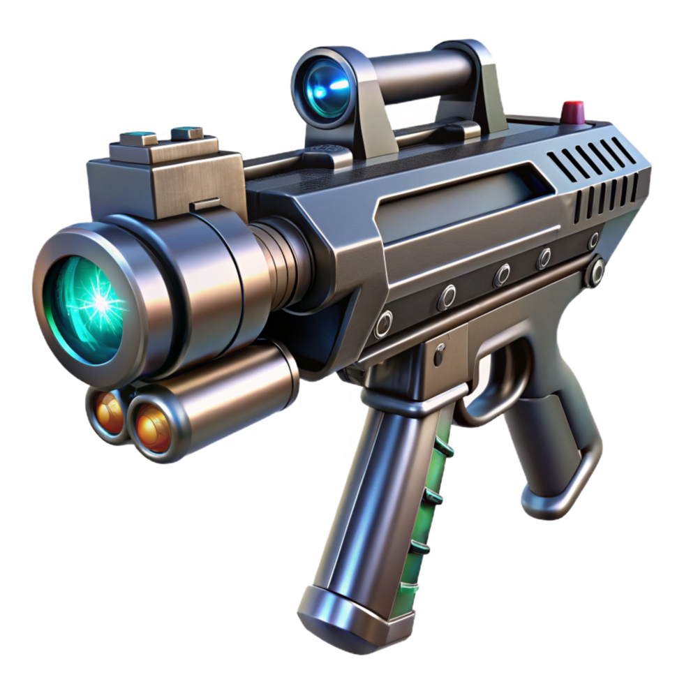signature rustic Cyberpunk weapon, laser sight, chrome and black, NO BACKGROUND with Transparent Background. premium png