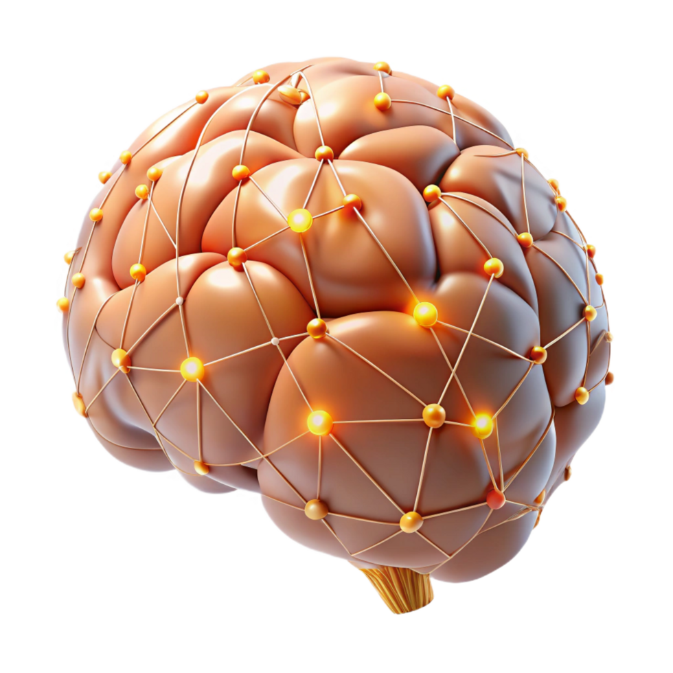 whimsical breathtaking A single, human brain with glowing neural connections. NO BACKGROUND with Transparent Background. top-tier png