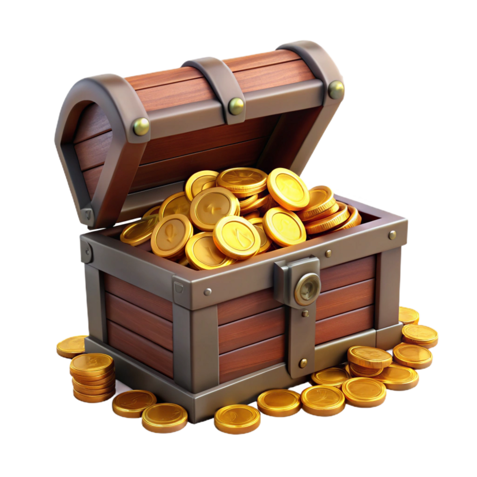 magnificent joyful elegant A weathered treasure chest, overflowing with gold coins. NO BACKGROUND with Transparent Background. elite png