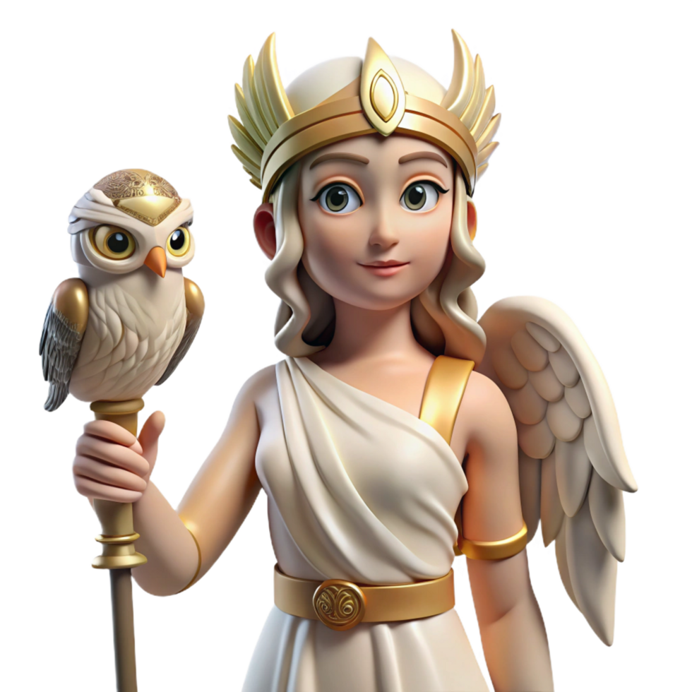 nostalgic elegant Athena, Goddess of Wisdom, holding owl, NO BACKGROUND with Transparent Background. high quality png