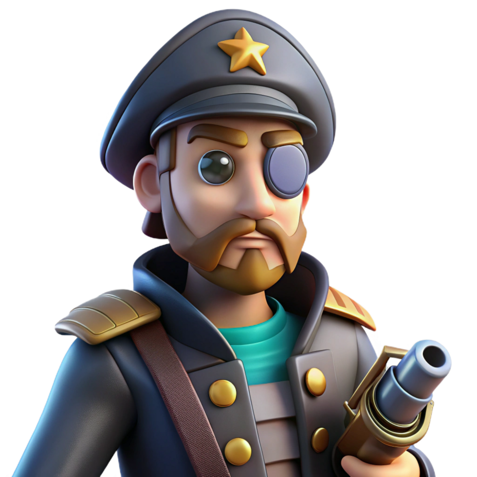 sumptuous retro Space pirate captain, scarred, eyepatch, holding plasma pistol, NO BACKGROUND with Transparent Background. genuine png