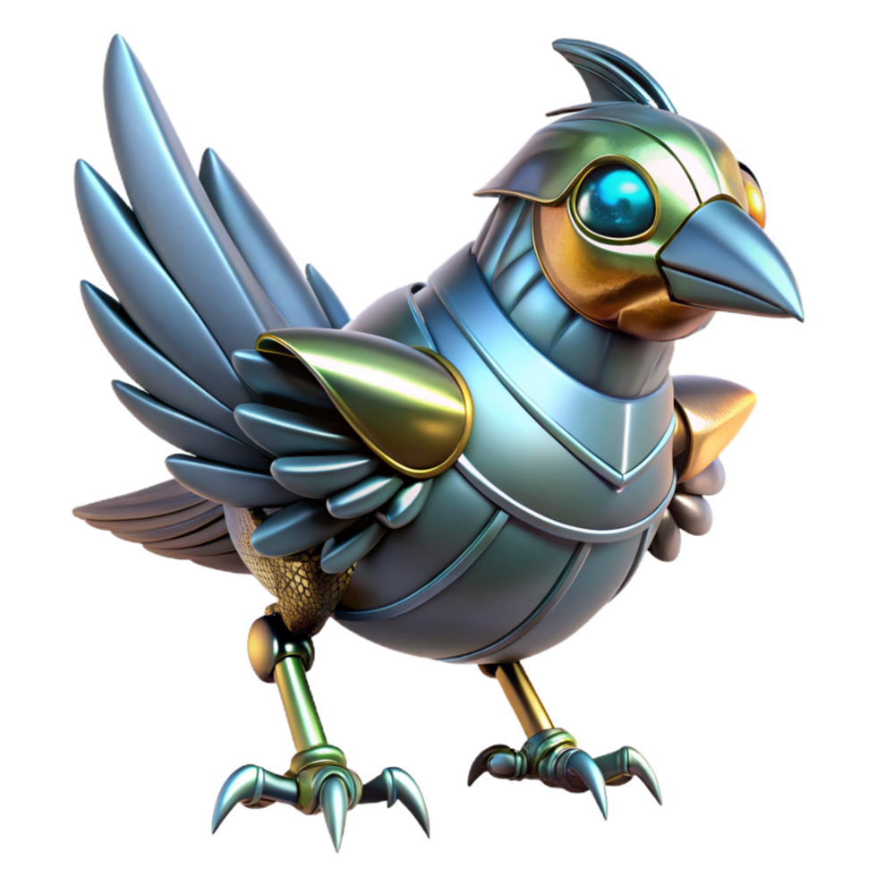 pristine bohemian Robotic bird with metallic feathers and glowing eyes. NO BACKGROUND with Transparent Background. crisp png